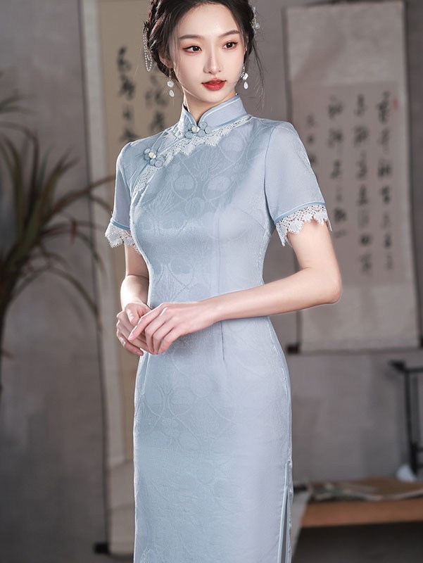 Blue Jacquard Midi Cheongsam Qipao Dress