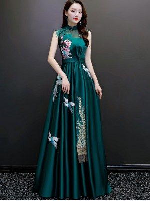 Green Blue Fit & Flare Full Length Qipao Cheongsam Dress