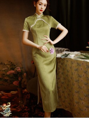 Green Jacquard Maxi Cheongsam Qipao Dress