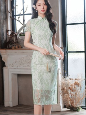 Green Yellow Floral Lace Midi Cheongsam Qipao Dress