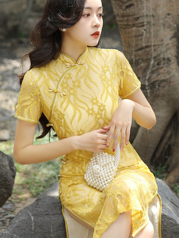 Green Yellow Floral Lace Midi Cheongsam Qipao Dress