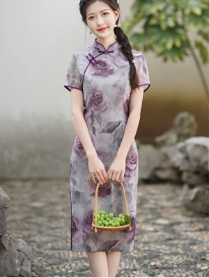 Purple Rose Print Midi Cheongsam Qipao Dress