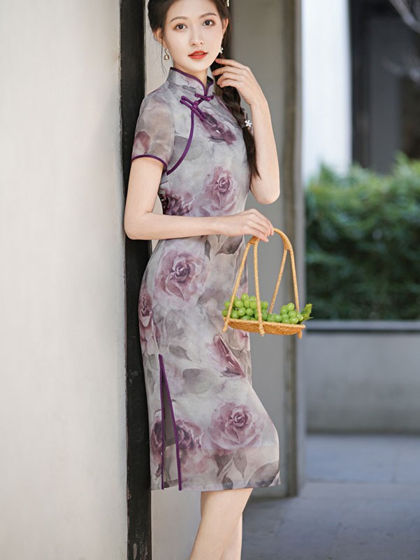 Purple Rose Print Midi Cheongsam Qipao Dress