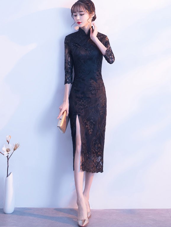 Black Embroidered Split Front Qipao / Cheongsam Evening Dress