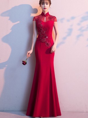 Burgundy Fishtail Bride Qipao Cheongsam Wedding Dress