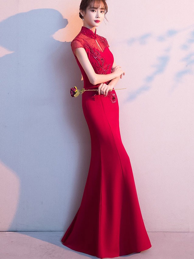 Burgundy Fishtail Bride Qipao Cheongsam Wedding Dress