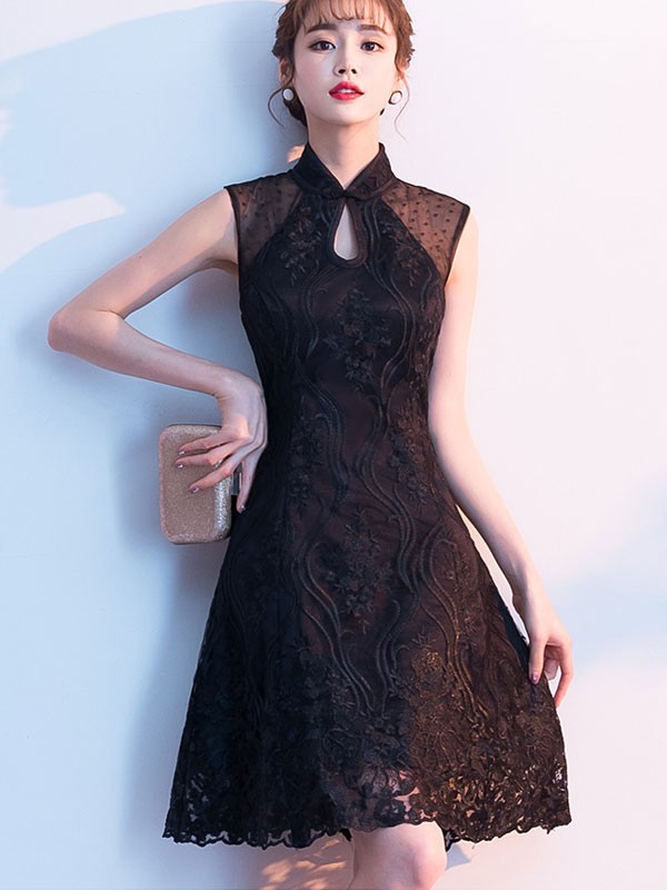 Black Floral Lace A-Line Qipao Cheongsam Dress