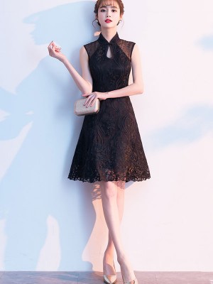 Black Floral Lace A-Line Qipao Cheongsam Dress