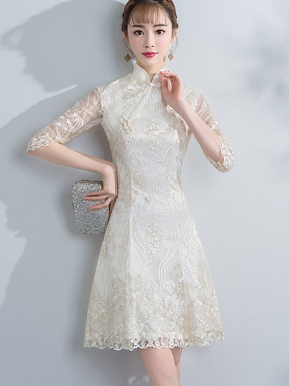 Bridesmaids Embroidered Lace A-Line Qipao Cheongsam Dress