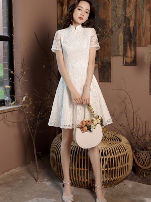 White Floral Lace A-Line Qipao Cheongsam Dress