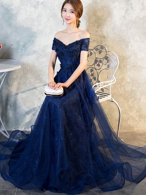 Blue Off The Shoulder Full-Length Tulle Prom Dress