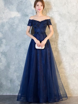 Blue Off The Shoulder Full-Length Tulle Prom Dress