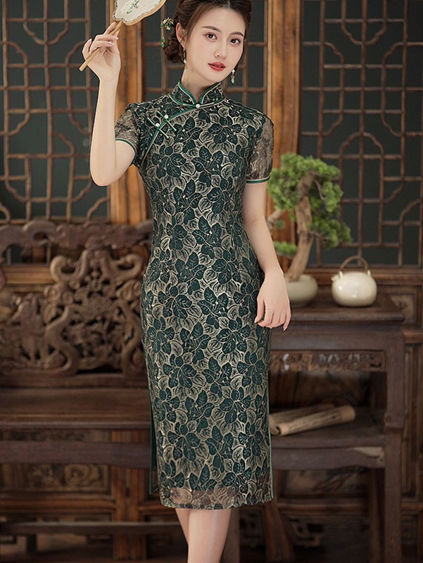Green Red Floral Lace Mothers Full Cheongsam / Qipao Dress