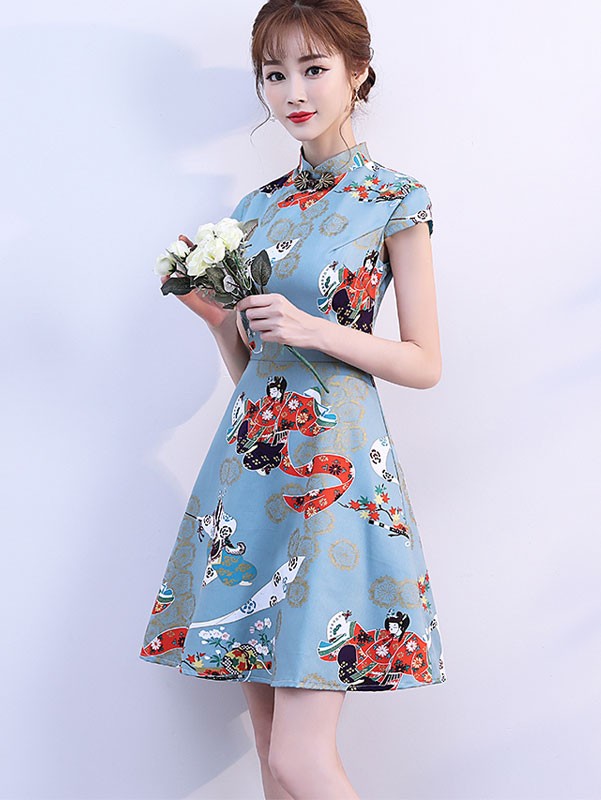 Blue Printed A-Line Qipao / Cheongsam Party Dress Blue Printed A-Line Qipao / Cheongsam Party Dress