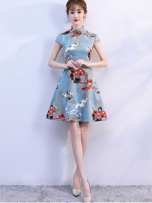 Blue Printed A-Line Qipao / Cheongsam Party Dress