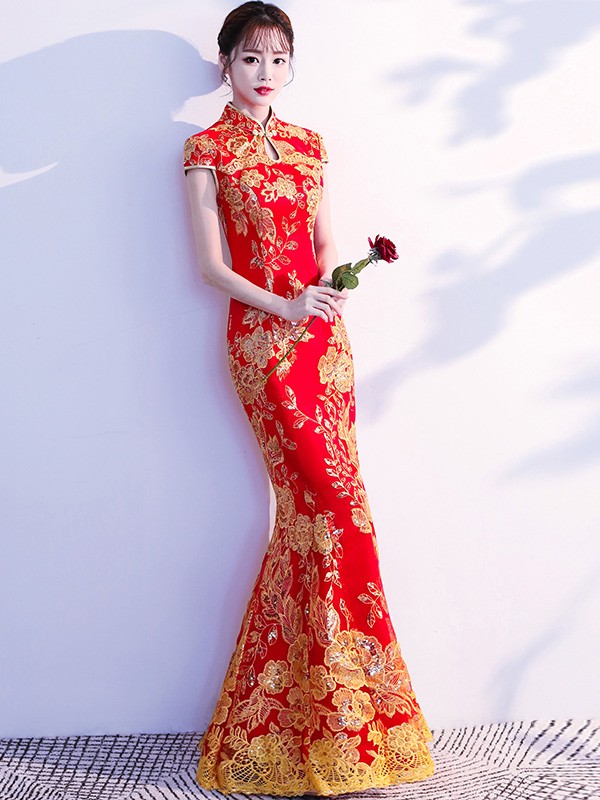 Red Sequined Fishtail Qipao / Cheongsam Wedding Dress