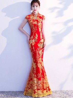 Red Sequined Fishtail Qipao / Cheongsam Wedding Dress