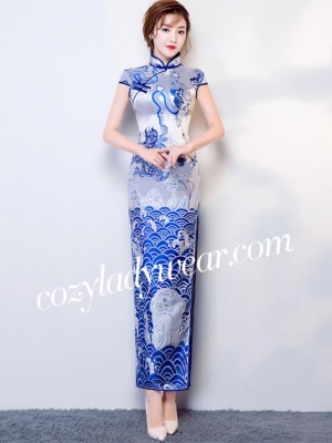 Blue and White Dragon Woven Qipao / Cheongsam Party Dress