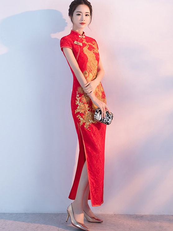 Red Lace Phoenix Split Qipao / Cheongsam Wedding Dress