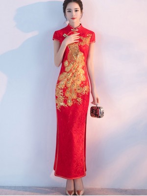 Red Lace Phoenix Split Qipao / Cheongsam Wedding Dress