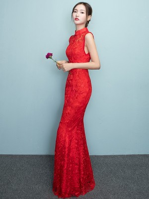 Black Red Lace Fishtail Maxi Qipao / Cheongsam Dress