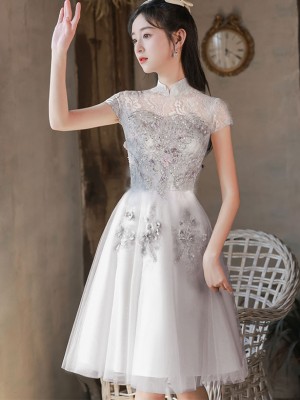 Gray Beige A-line Tulle Bridesmaid Cheongsam Qipao Dress