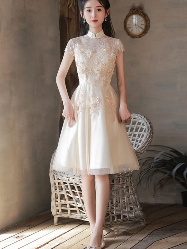 Gray Beige A-line Tulle Bridesmaid Cheongsam Qipao Dress