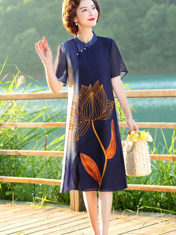 Green Blue Mothers Lotus Print Chiffon Qipao Cheongsam Dress