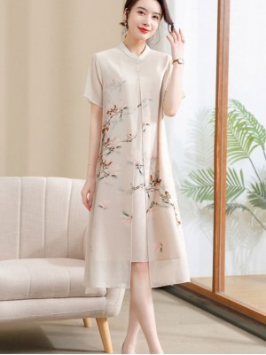 Pink Beige Mothers Floral Print Chiffon Qipao Cheongsam Dress