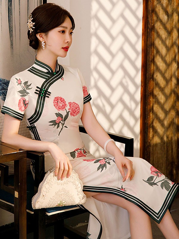 2023 White Floral Print Maxi Qipao Cheongsam Dress