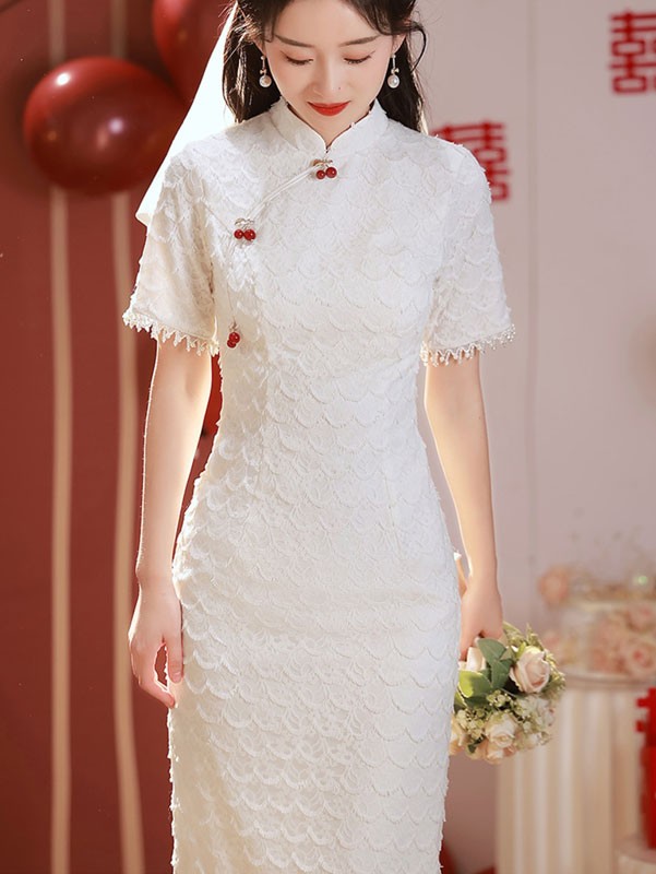 White Lace Midi Engagement Qipao Cheongsam Dress