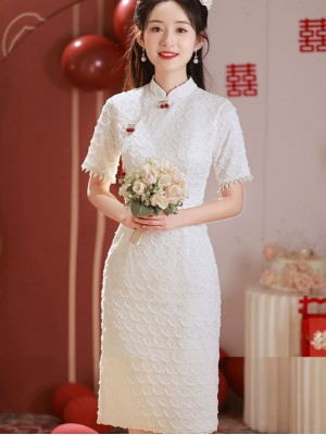 White Lace Midi Engagement Qipao Cheongsam Dress