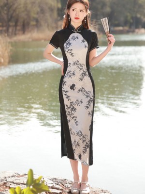 Color-block Bamboo Print Midi Cheongsam Qipao Dress