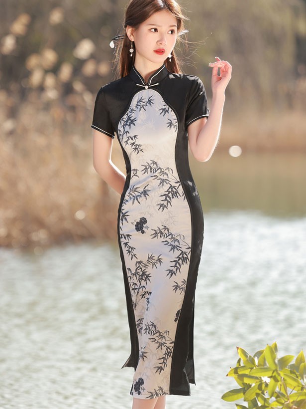 Color-block Bamboo Print Midi Cheongsam Qipao Dress