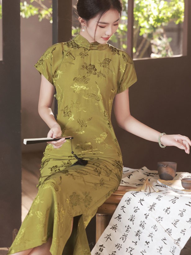 Green Jacquard Butterfly Cheongsam Qipao Dress