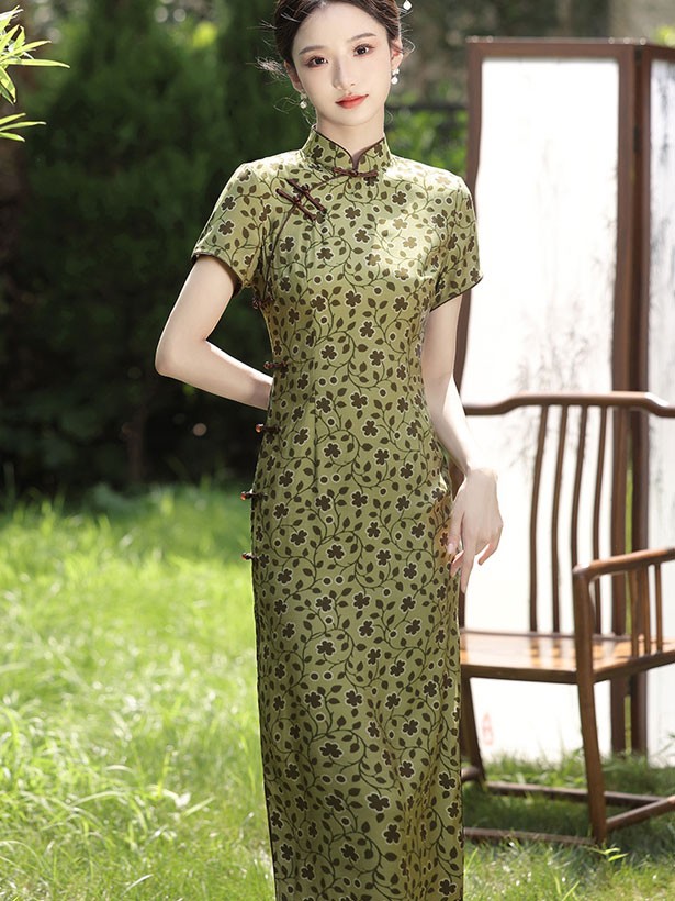 Green Floral Print Midi Qipao Cheongsam Dress