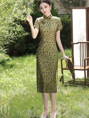 Green Floral Print Midi Qipao Cheongsam Dress