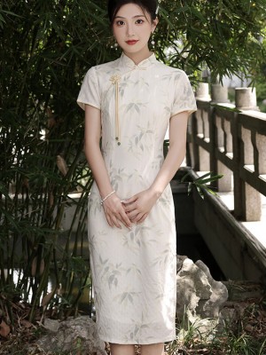 White Bamboo Print Midi Cheongsam Qipao Dress