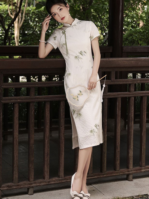 White Bamboo Print Midi Cheongsam Qipao Dress