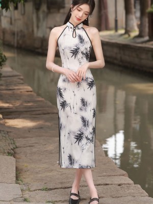 Bamboo Print Halter Cheongsam Qipao Dress