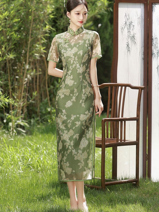 Green Floral Print Midi Qipao Cheongsam Dress