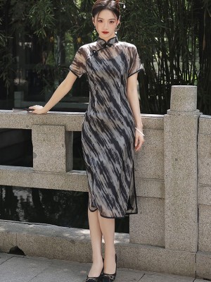 Black Green Stripe Print Summer Qipao Cheongsam Dress