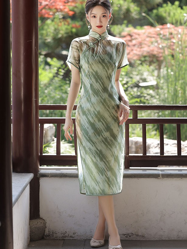 Black Green Stripe Print Summer Qipao Cheongsam Dress