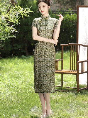 Green Leaf Print Midi Qipao Cheongsam Dress