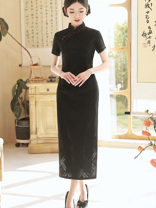 White Black Lace Maxi Qipao Cheongsam Dress