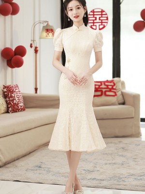 White Lace Midi Fishtail Wedding Qipao Cheongsam Dress