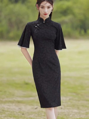 Black Floral Lace Flutter Sleeve Qipao Cheongsam Dress