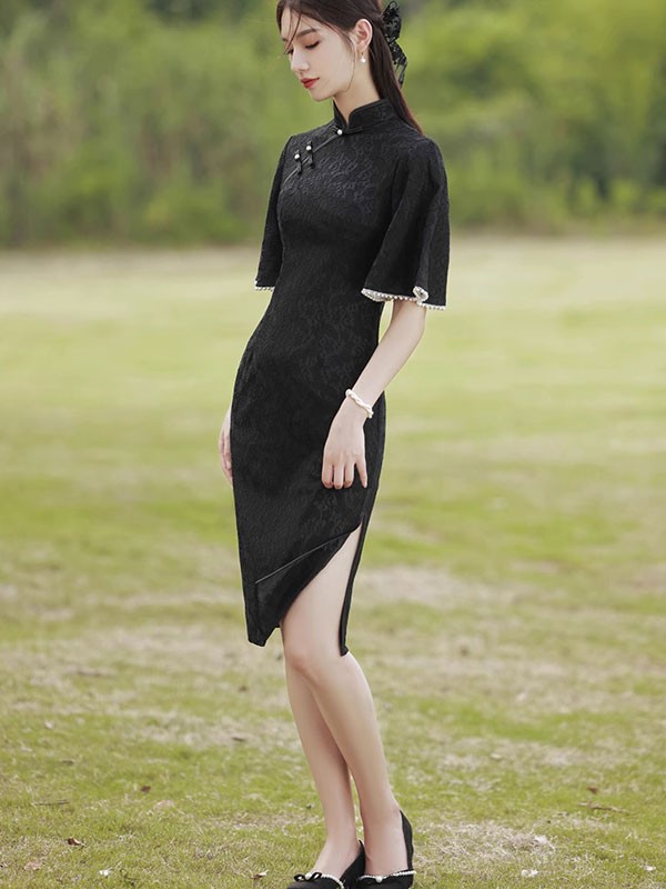 Black Floral Lace Flutter Sleeve Qipao Cheongsam Dress