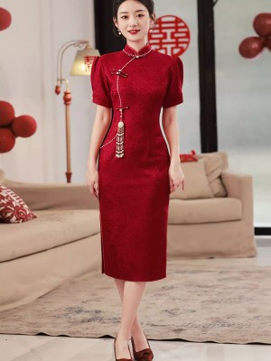 Red Jacquard Floral Midi Wedding Qipao Cheongsam Dress