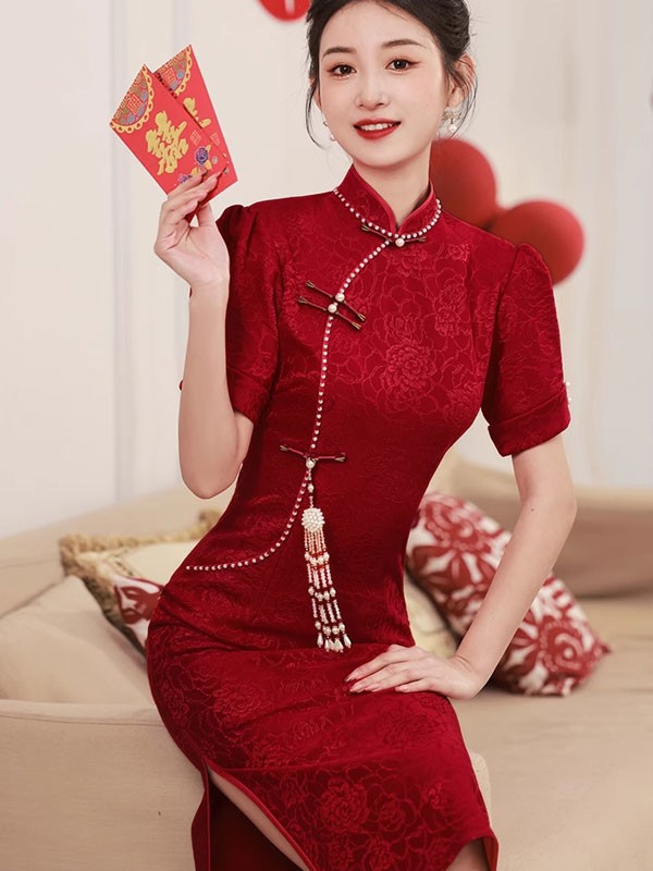 Red Jacquard Floral Midi Wedding Qipao Cheongsam Dress